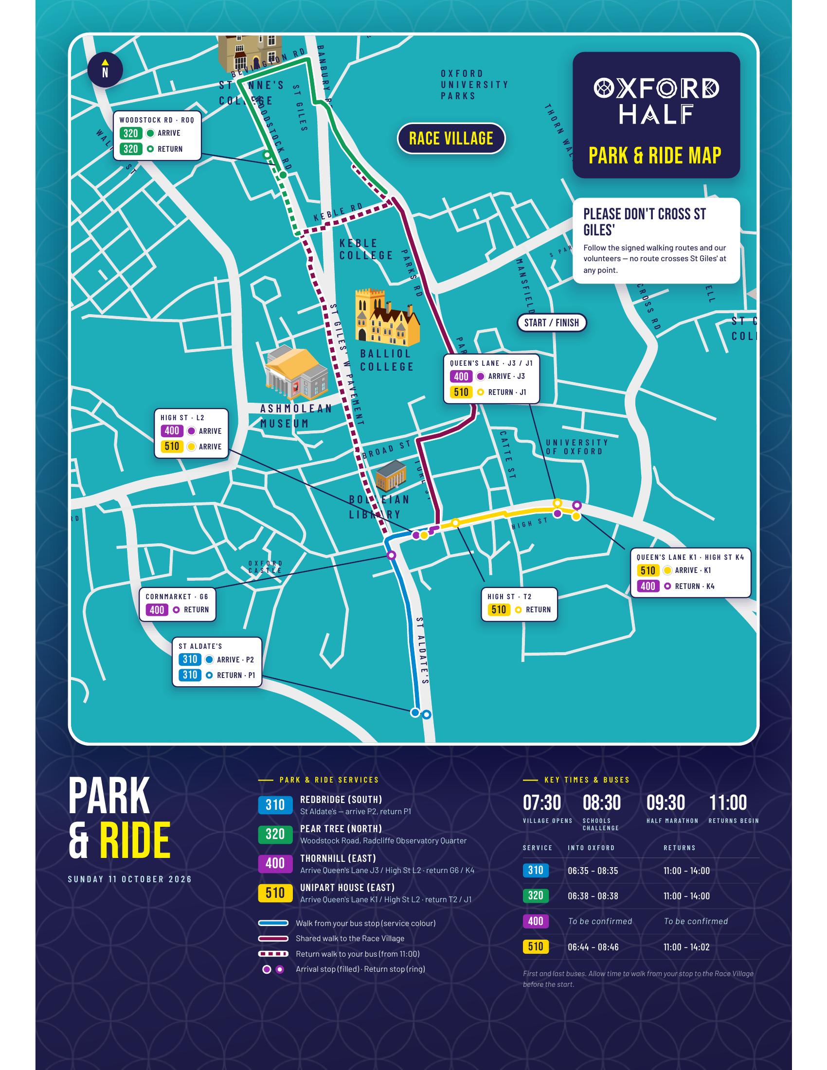 Oxford Half 2026 Park & Ride map, showing the Unipart House car park and the shuttle drop-off and pick-up point